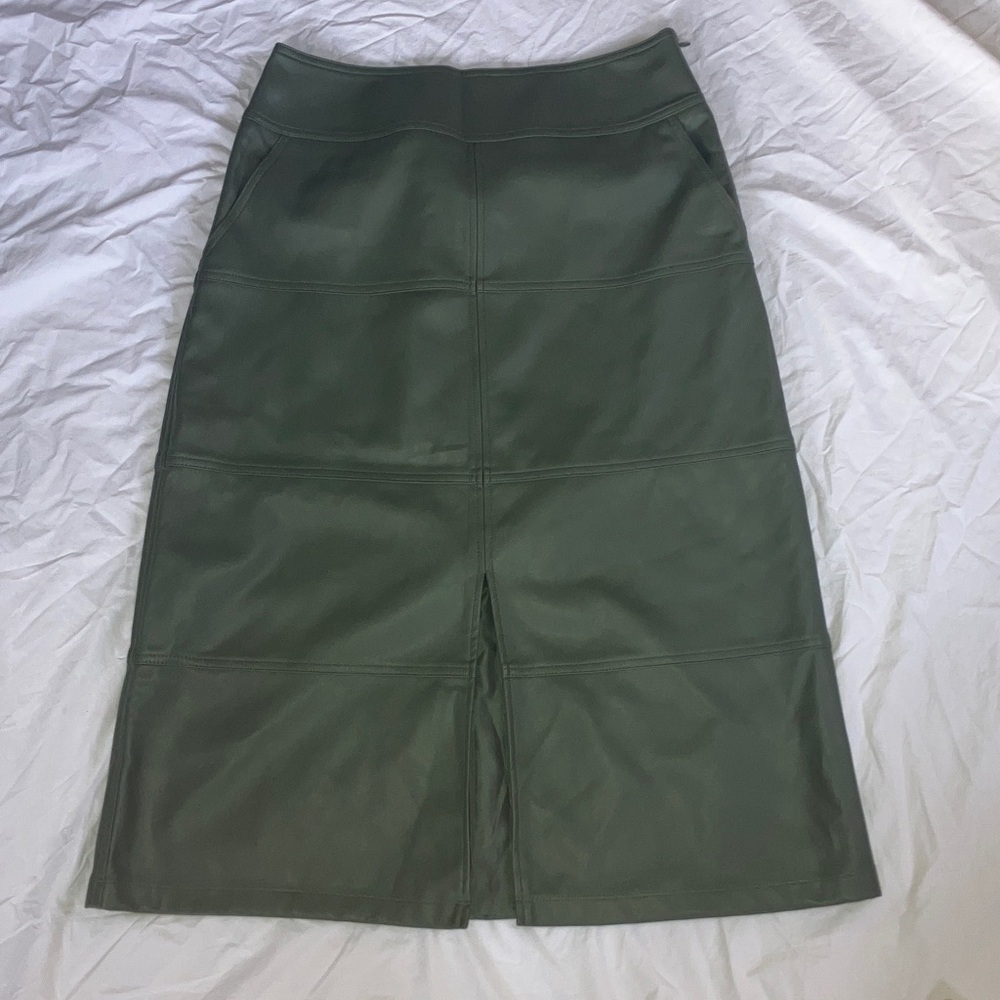NWOT Cabi Kick It Skirt - Olive Green Faux Leather Skirt with Slit